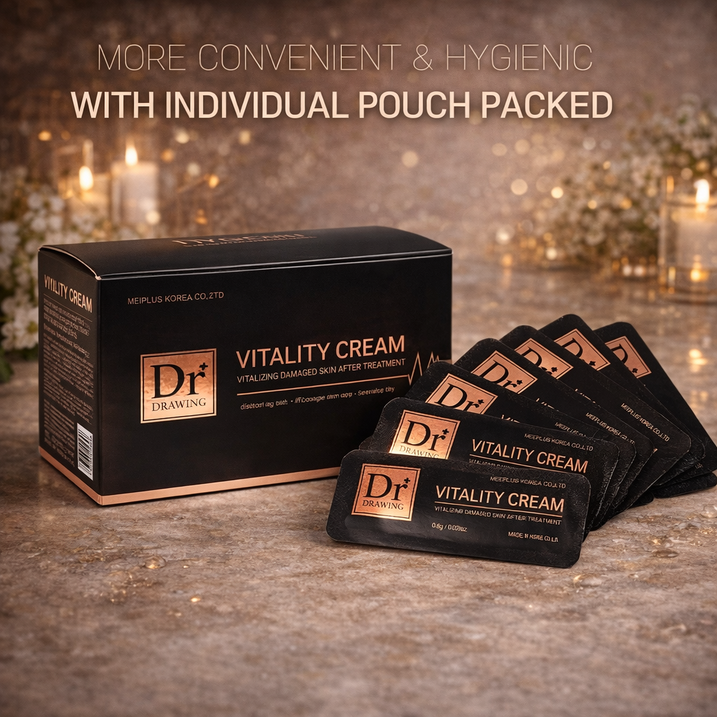 Dr. Drawing Vitality Cream with multiple packets on a decorative surface.