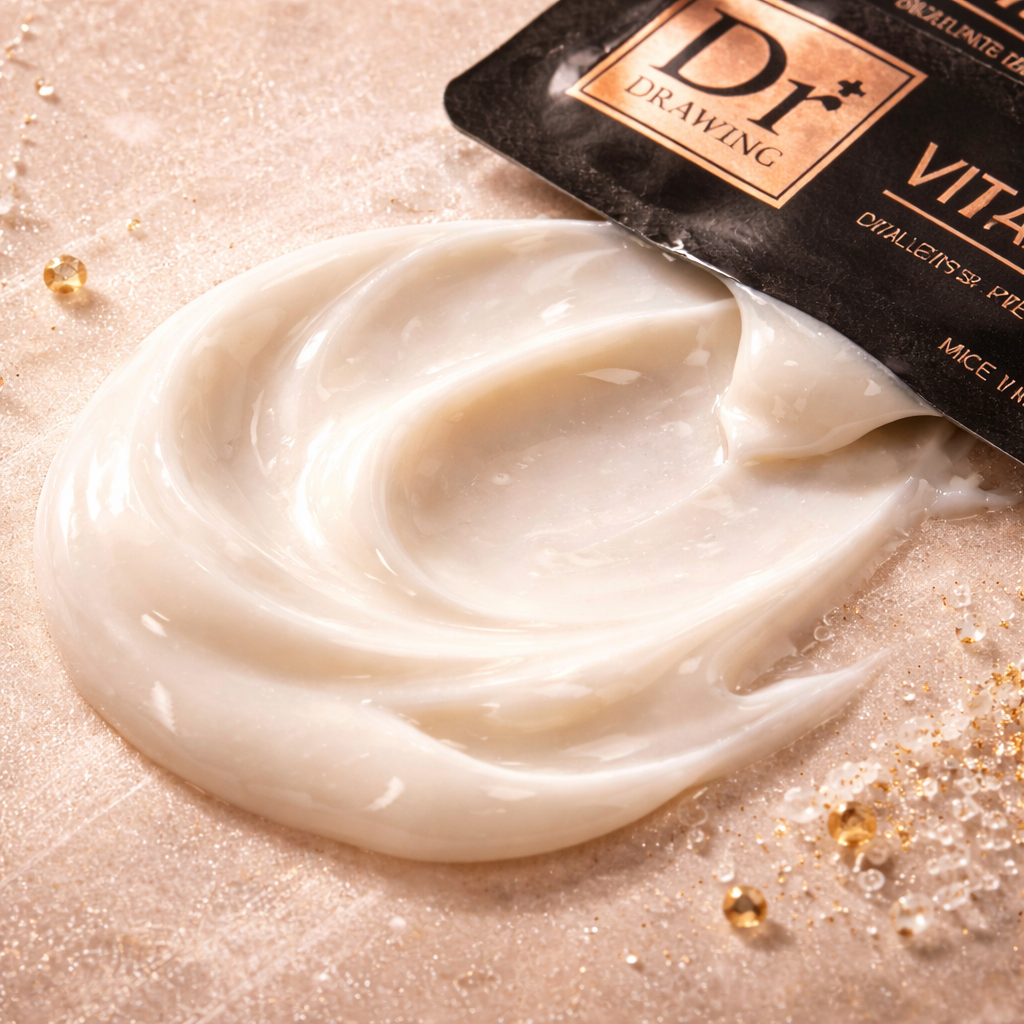 Dr. Drawing Vitality Cream open with cream on a textured surface