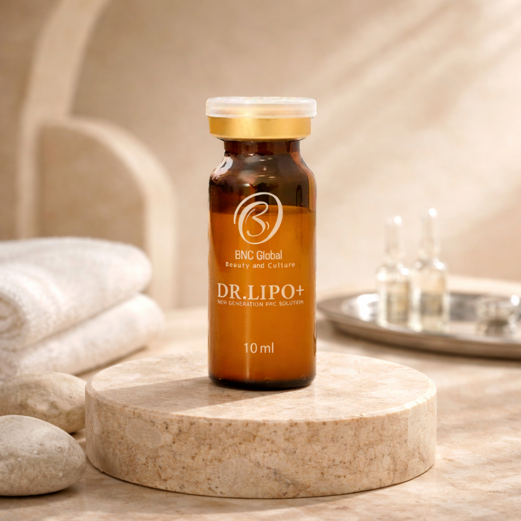 Dr. Lipo + Body bottle on a stone surface with towels and a tray in the background
