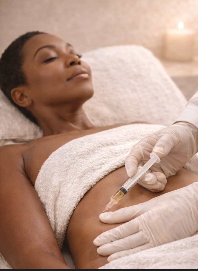Woman receiving Dr. Lipo + Body injection in a spa setting