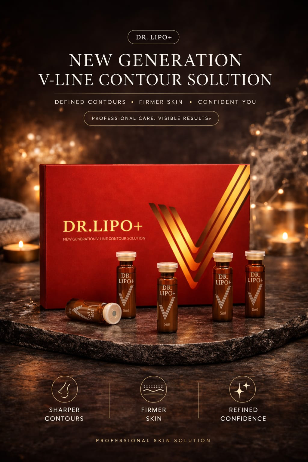 Dr. Lipo+ V set with red box and bottles on a dark surface.
