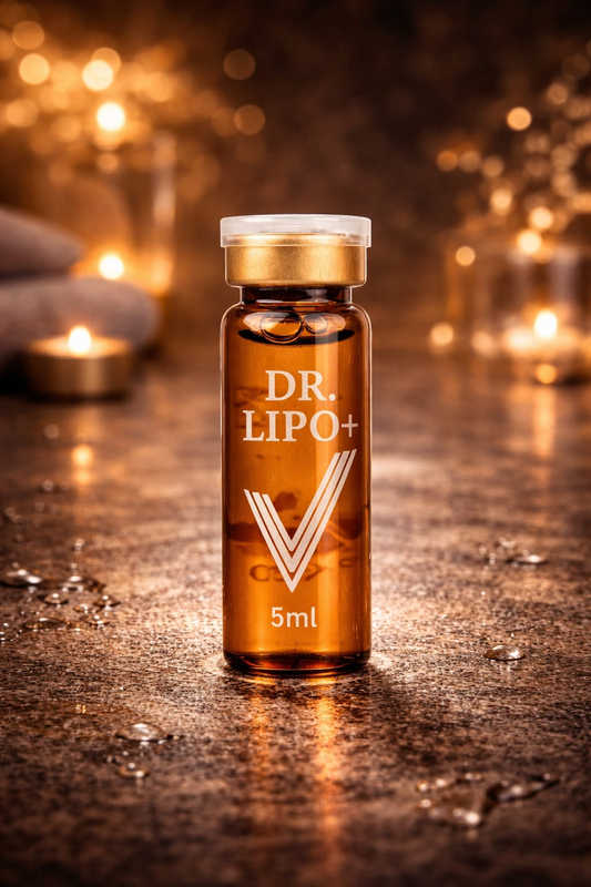 Dr. Lipo+ V bottle on a reflective surface with candles in the background
