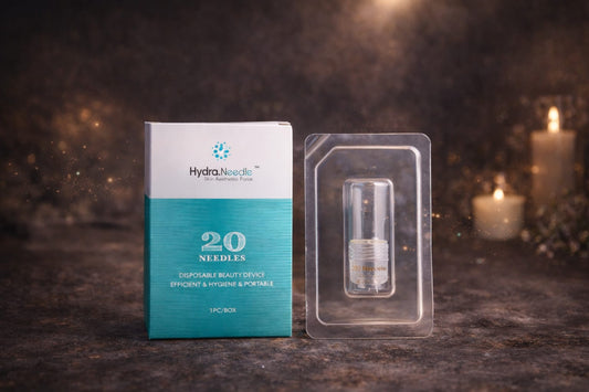 Dr. Pen HN2O Hydra Needle Micro-Channeling Tool on a dark background with candles.