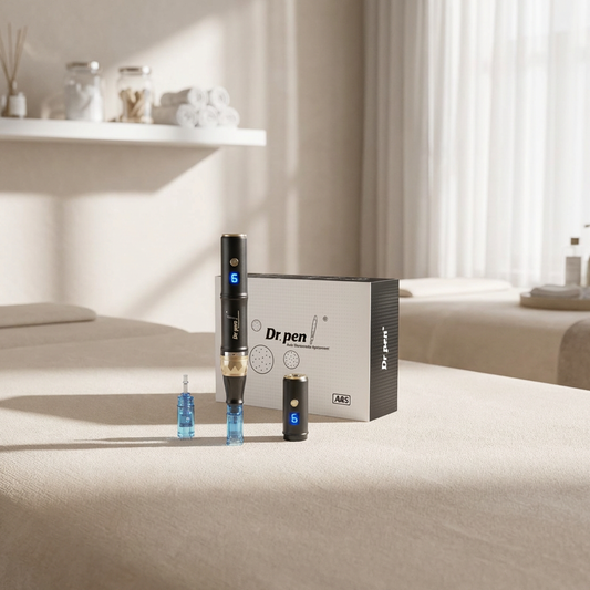Dr. Pen M8S Microneedling Device device and packaging on a light surface with a neutral background.