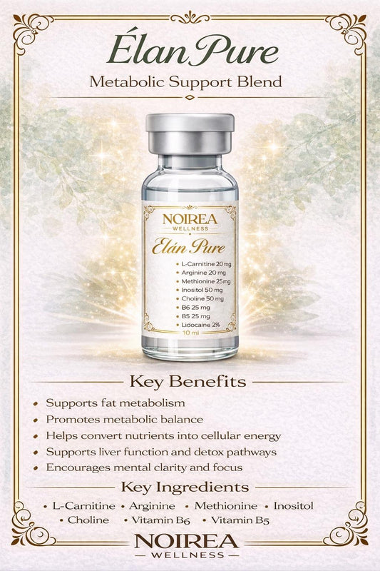 Elan Pure Metabolic Support Blend bottle with key benefits and ingredients on a decorative background