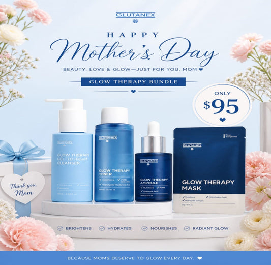 Glutanex cleanser, toner, ampoule, and masks on a light blue background with pink and white flowers.