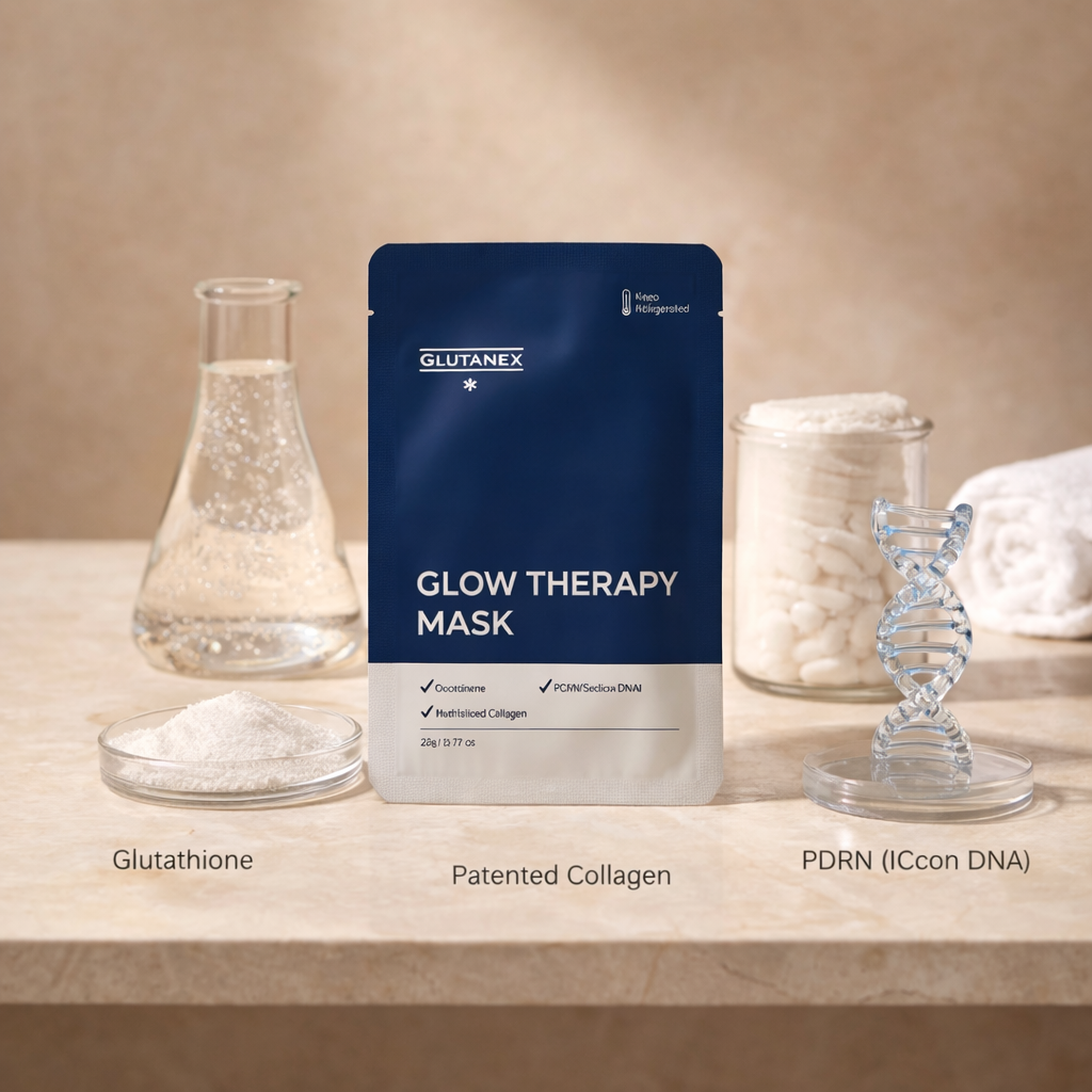 Glutanex Glow Therapy Mask packaging with scientific elements on a neutral background.