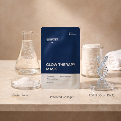 Glutanex Glow Therapy Mask packaging with scientific elements on a neutral background.