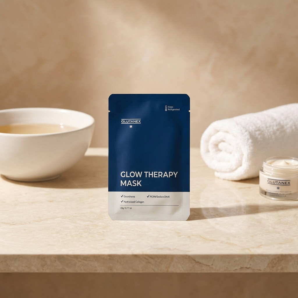 Glow Therapy Mask packaging on a wooden surface with a bowl, towel, and jar in the background.