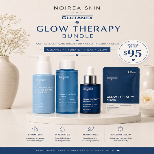 picture of blue gel to foam cleanser, toner, and ampoule bottles with therapy mask