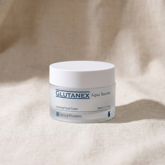 Glutanex Aqua Hydrating Booster Cream cream jar on a beige fabric background.