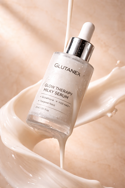 Glutanex Glow Therapy Milky Serum bottle with serum flowing on a beige background