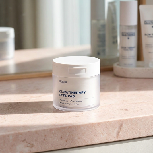 Glutanex Glow Therapy Pore Pads product on a bathroom counter.