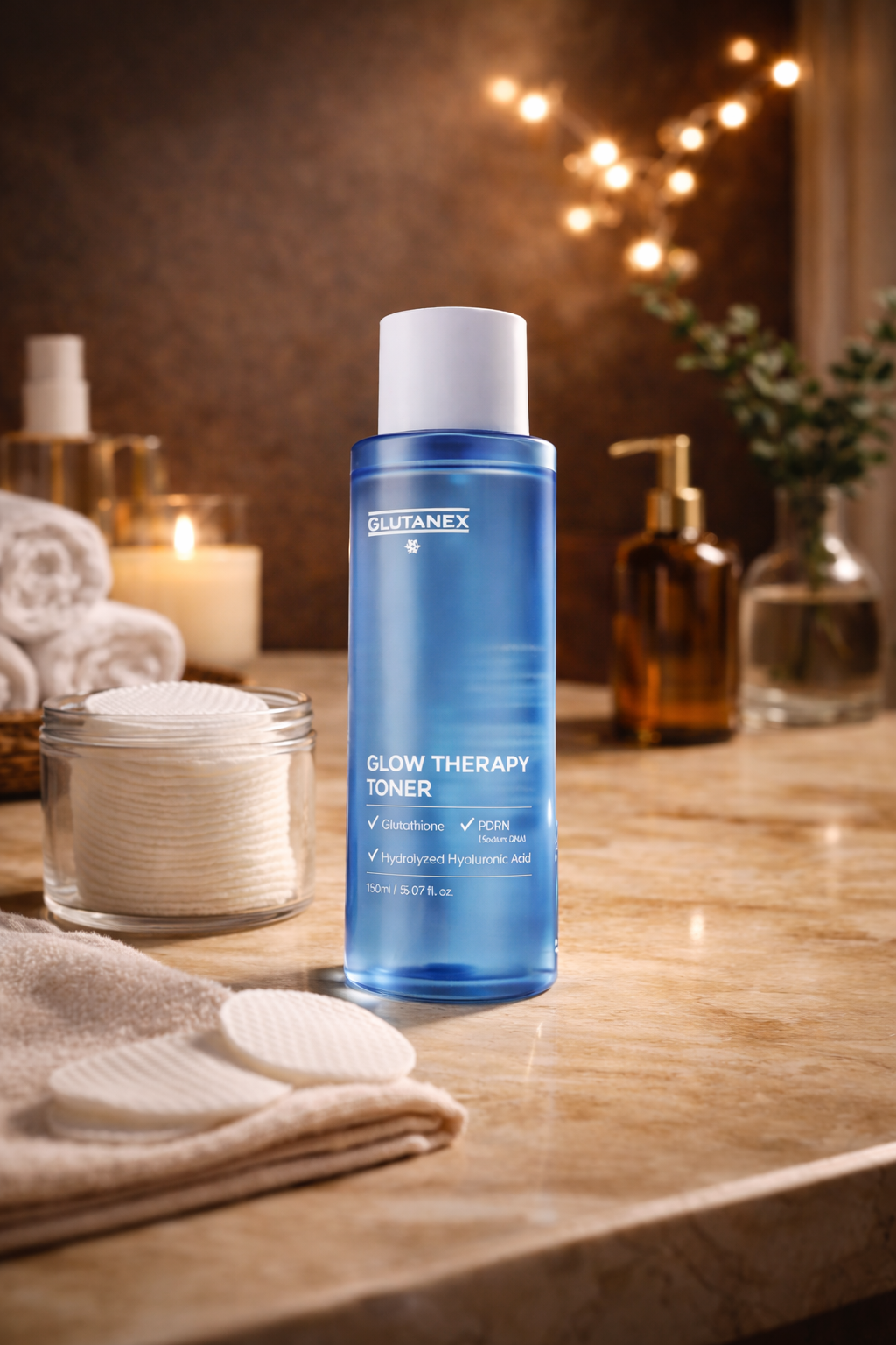 Blue bottle of Glutanex Glow Therapy Toner on a marble surface with candles and towels in the background.