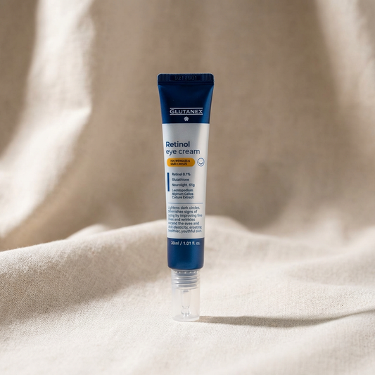 Glutanex Retinol Eye Cream tube on a beige fabric background.
