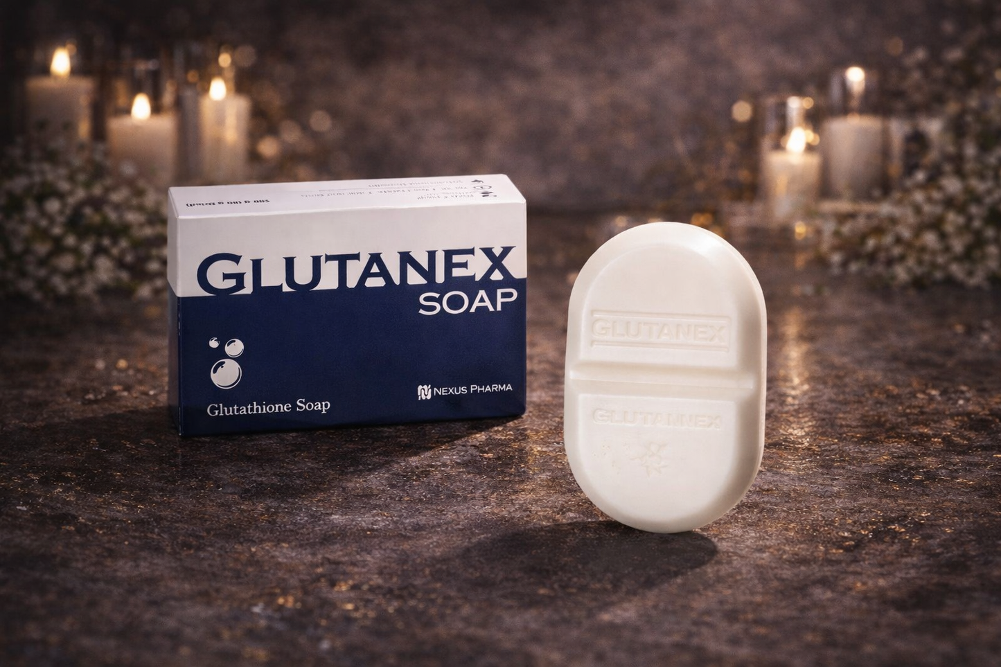 Glutanex Soap Brightening & Clarifying Soap Bar with box packaging on a dark surface with candles
