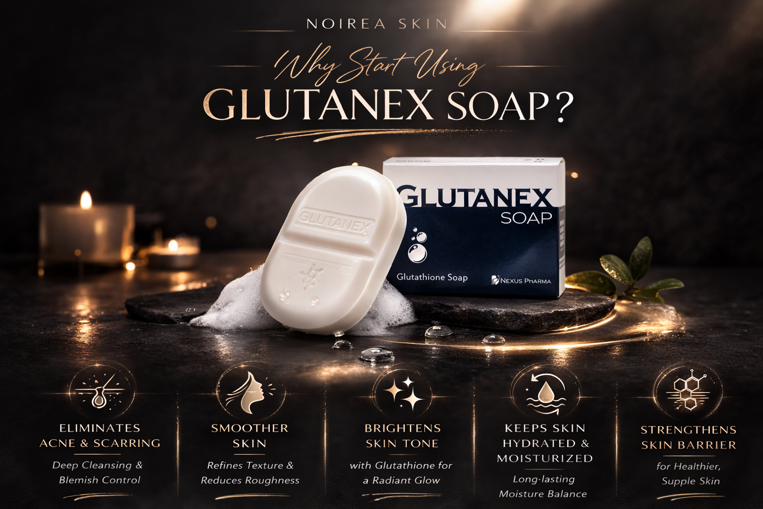 Glutanex Soap Brightening & Clarifying Soap Bar with promotional text on a dark background