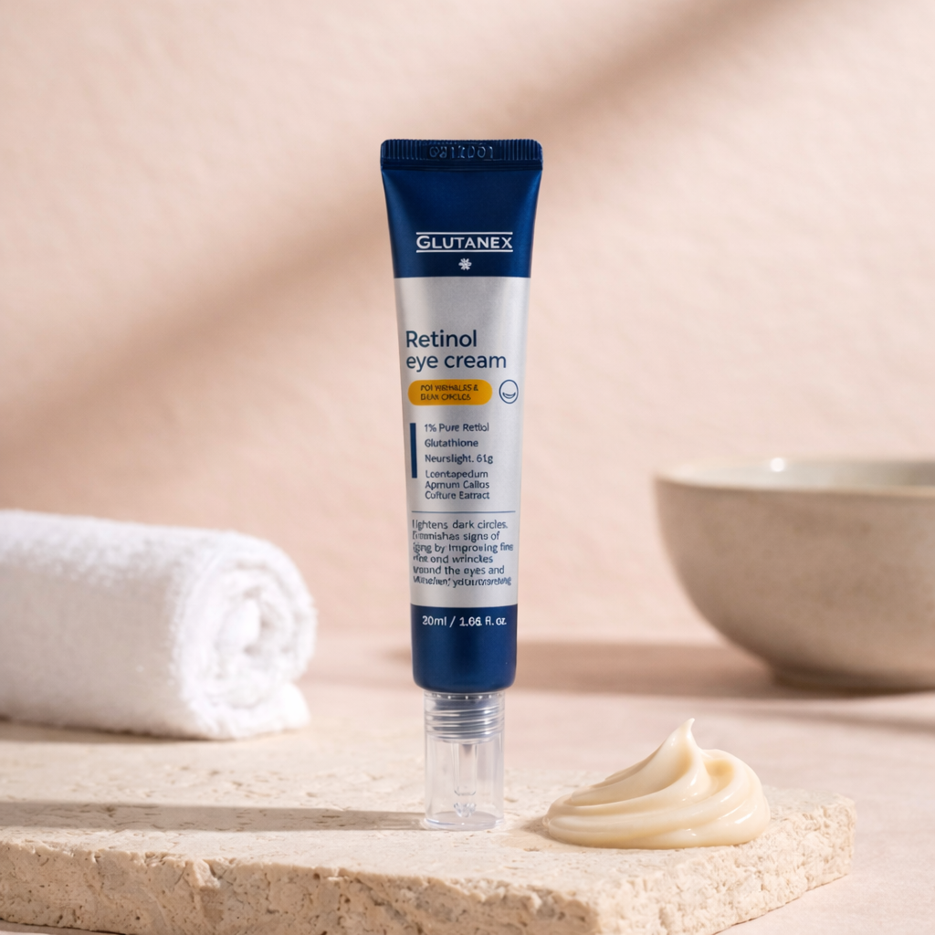Glutanex Retinol Eye Cream tube on a beige surface with a towel and bowl in the background.