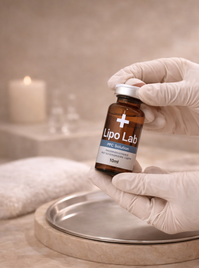 Hand holding a bottle labeled Lipo Lab PPC Solution with a blurred candle and towel in the background