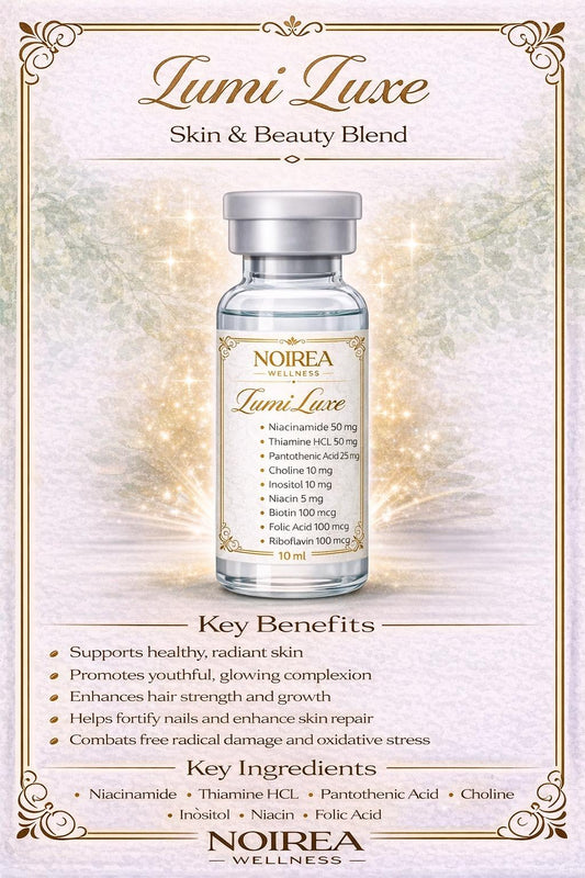 Lumi Luxe skin and beauty blend with key benefits and ingredients on a decorative background.