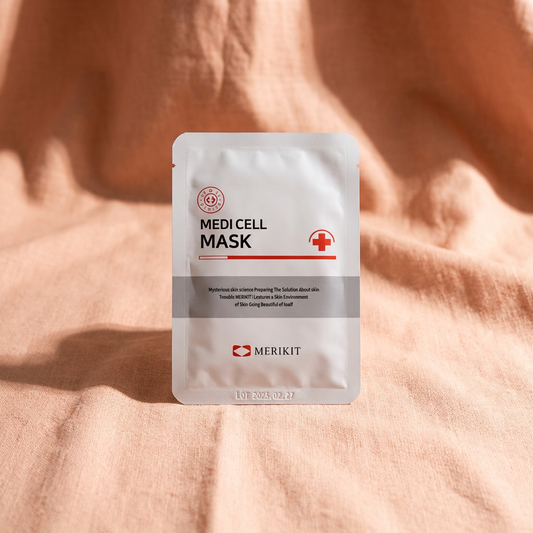 Merikit Medi Cell Coconut Gel Mask packaging on a textured beige background.