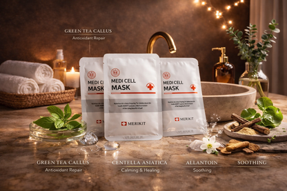 Merikit Medi Cell Coconut Gel Mask packaging on a wooden surface with decorative elements.