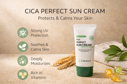 Merikit Cica Perfect Suncream tube with product features on a natural background.