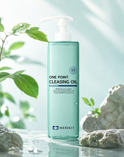 Bottle of Merikit One Point Cleansing Oil with natural elements in the background