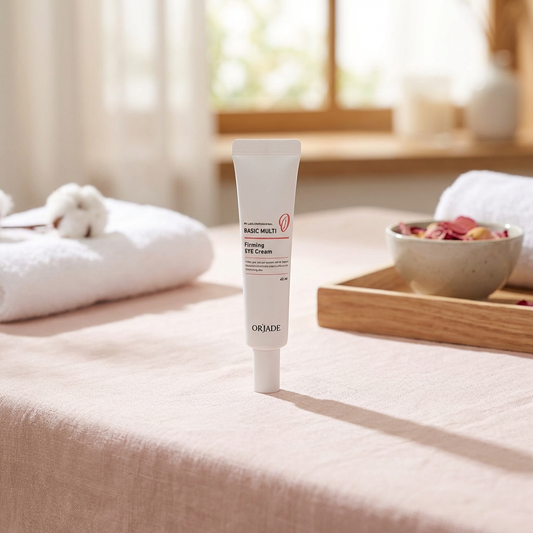 Tube of Or'Jade Eye Firming Cream cream on a bed with a blurred background.