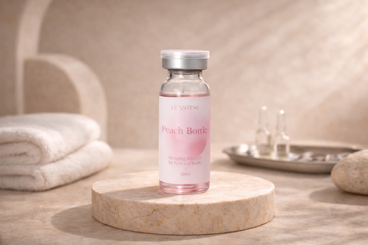 Peach Bottle Fat Dissolver on a wooden surface with a neutral background