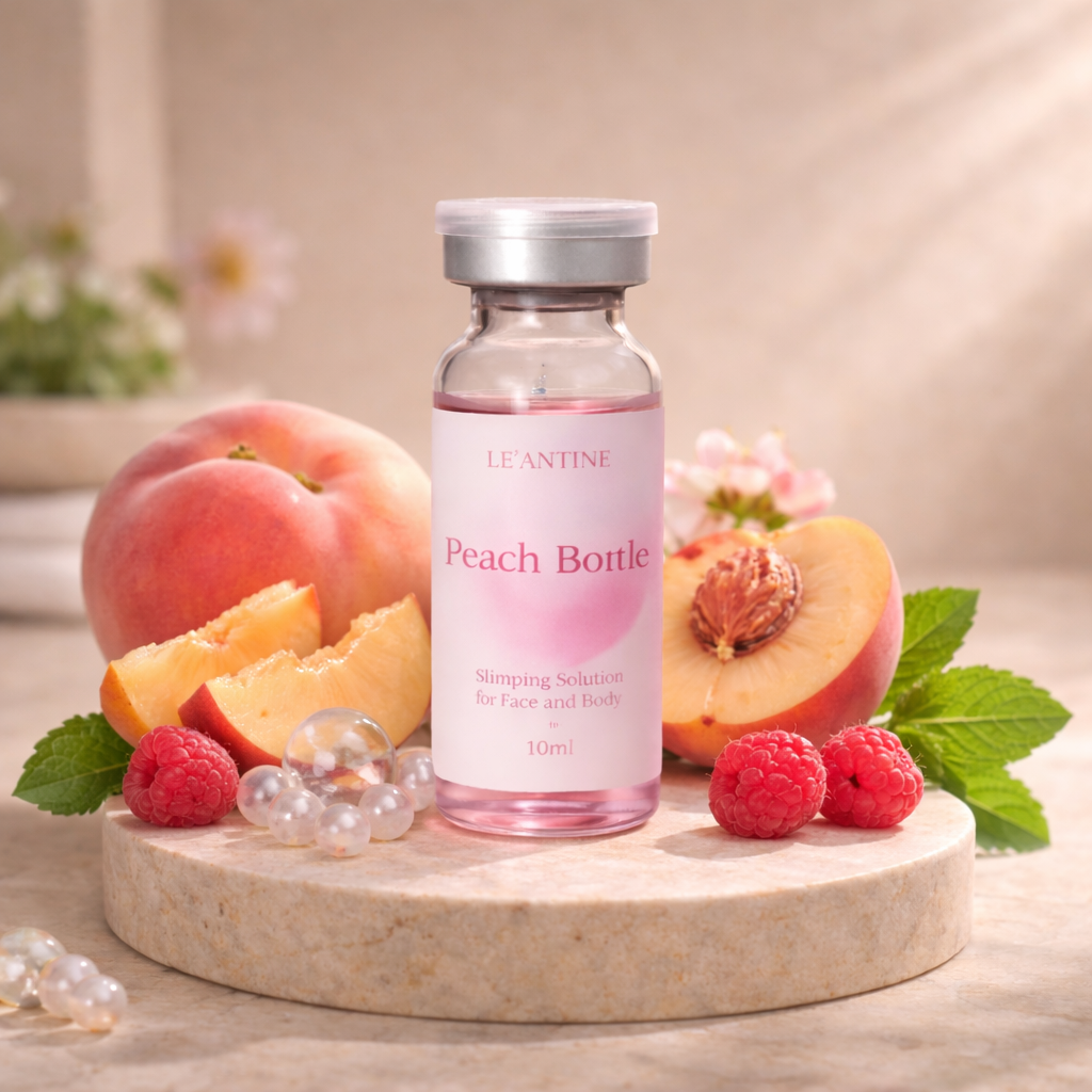Peach Bottle Fat Dissolver with peaches and raspberries on a marble surface