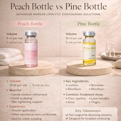 Comparison chart of Peach Bottle Fat Dissolver and Pine Bottle Fat Dissolver products on a neutral background.