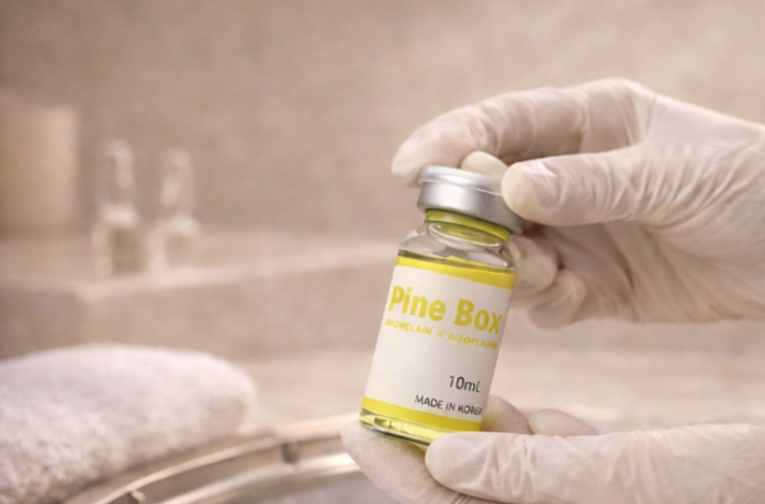 Hand holding Pine Bottle with a bathroom background.