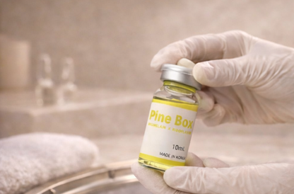Hand holding Pine Bottle with a bathroom background.