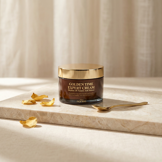 Jar of Golden Time Expert Cream on a marble surface with gold accents.