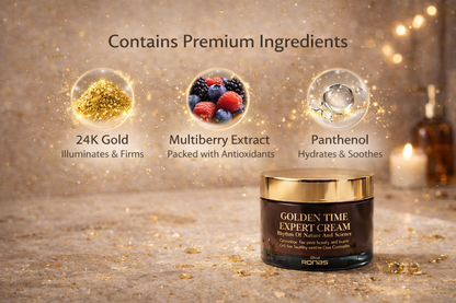 Ronas Golden Time Expert Cream jar with 24K gold, multiberry extract, and panthenol ingredients on a warm background.
