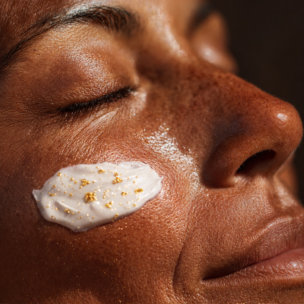 Close-up of a person applying Ronas Golden Time Expert Cream to their face with closed eyes.