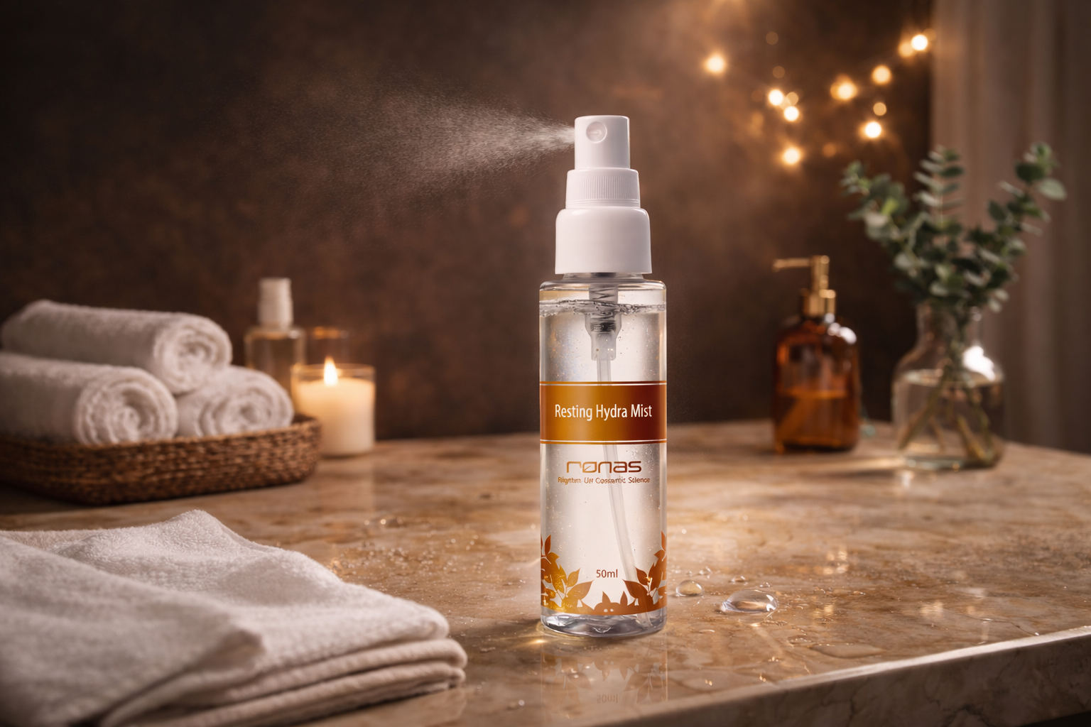 Ronas Resting Hydra Mist on a wooden surface with towels and candles in the background.