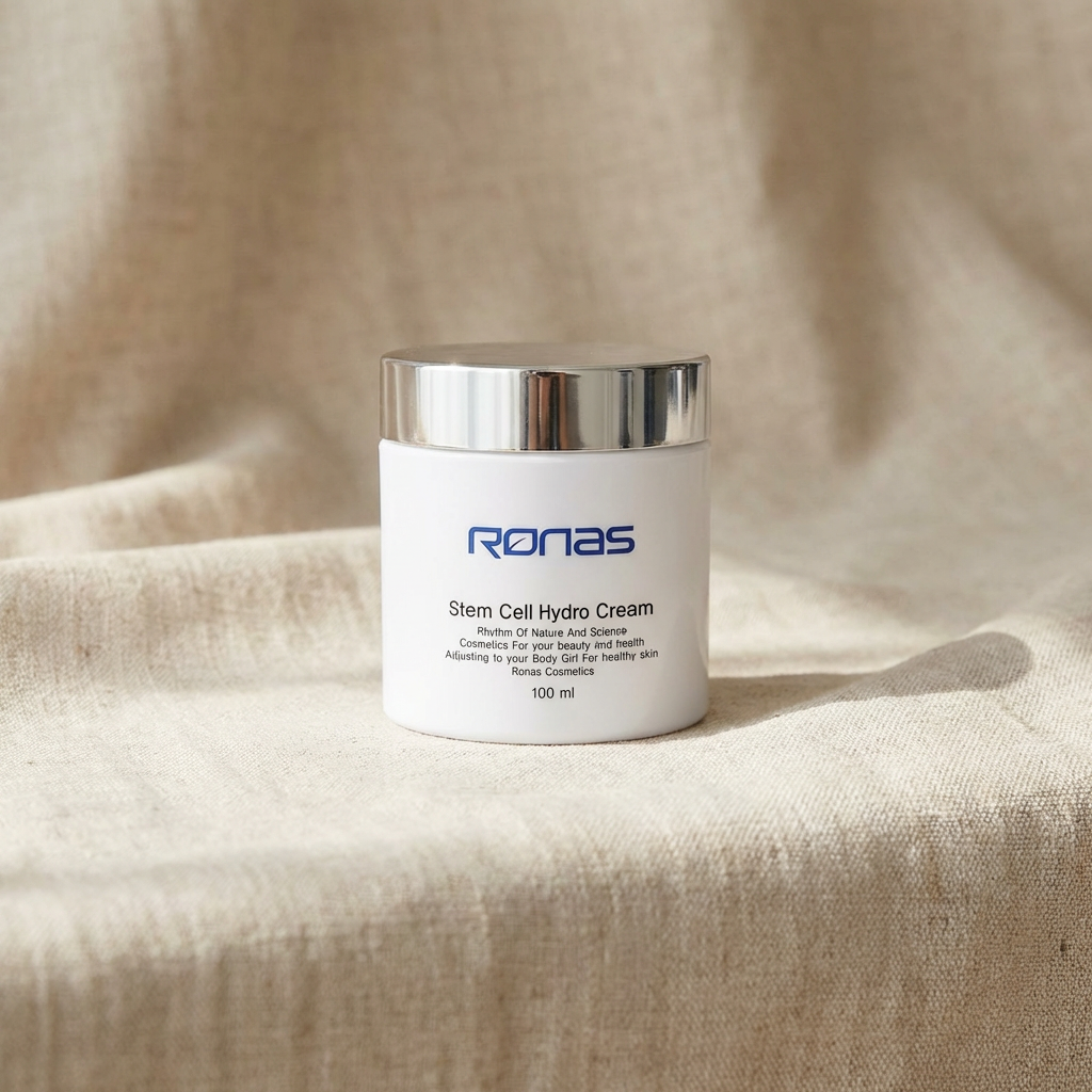 Ronas Stem Cell Hydro Cream on a beige fabric background.