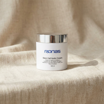 Ronas Stem Cell Hydro Cream on a beige fabric background.