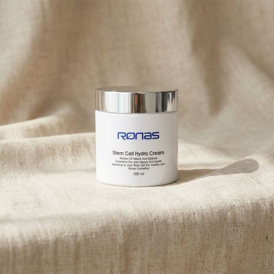 Ronas Stem Cell Hydro Cream on a beige fabric background.