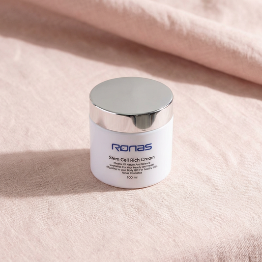 Jar of Ronas Stem Cell Rich Cream on a soft pink background.
