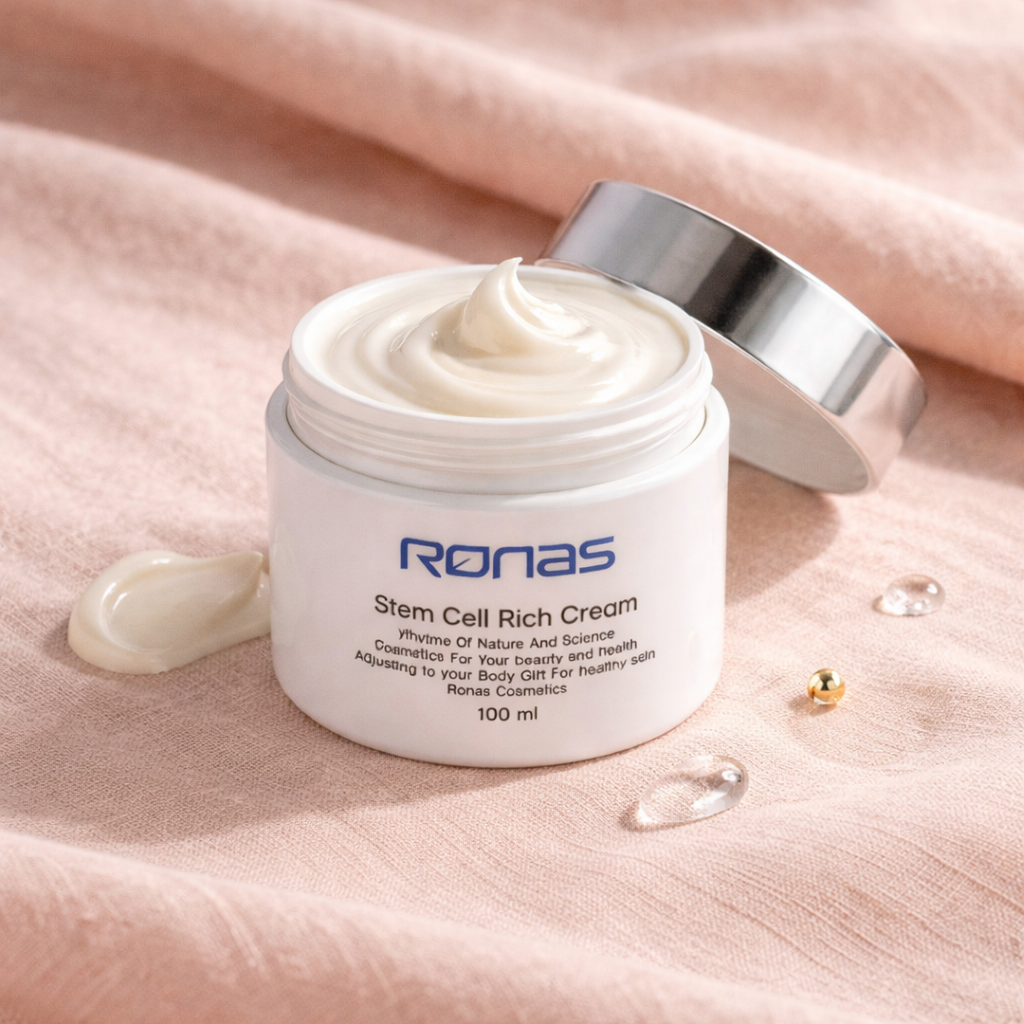 Jar of Ronas Stem Cell Rich Cream on a soft pink background showing texture.