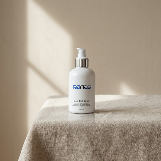 White bottle of Ronas Stem Cell Serum on a textured surface with a neutral background.