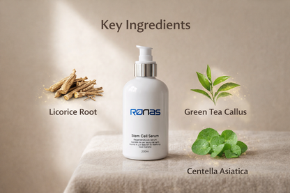 Ronas Stem Cell Serum with licorice root, green tea callus, and centella asiatica on a beige background.