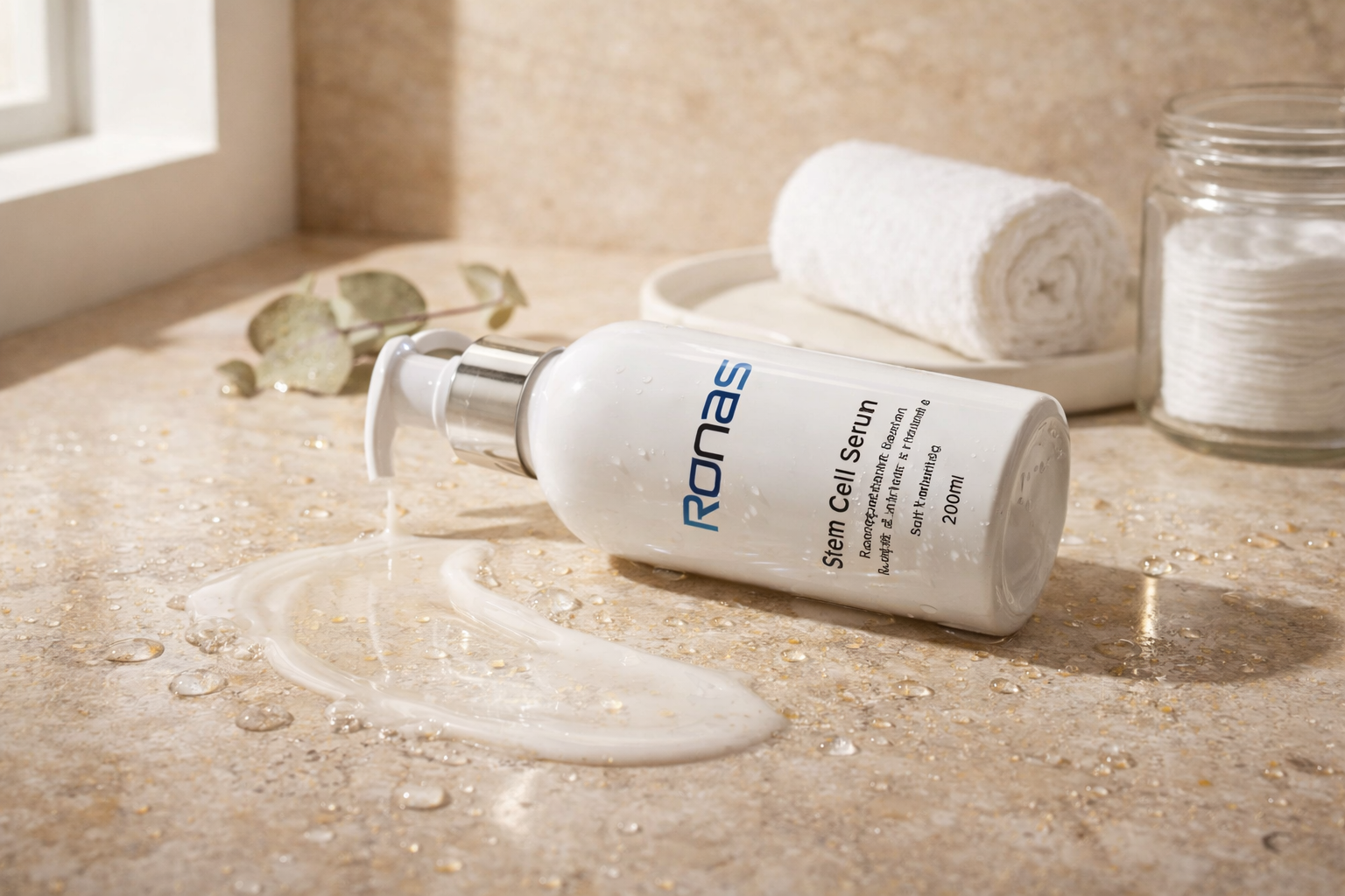 Ronas Stem Cell Serum bottle on a textured surface with a towel and jar in the background.