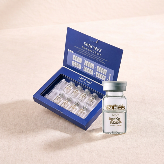 Ronas Stem Cell Solution packaging with vials on a beige background.