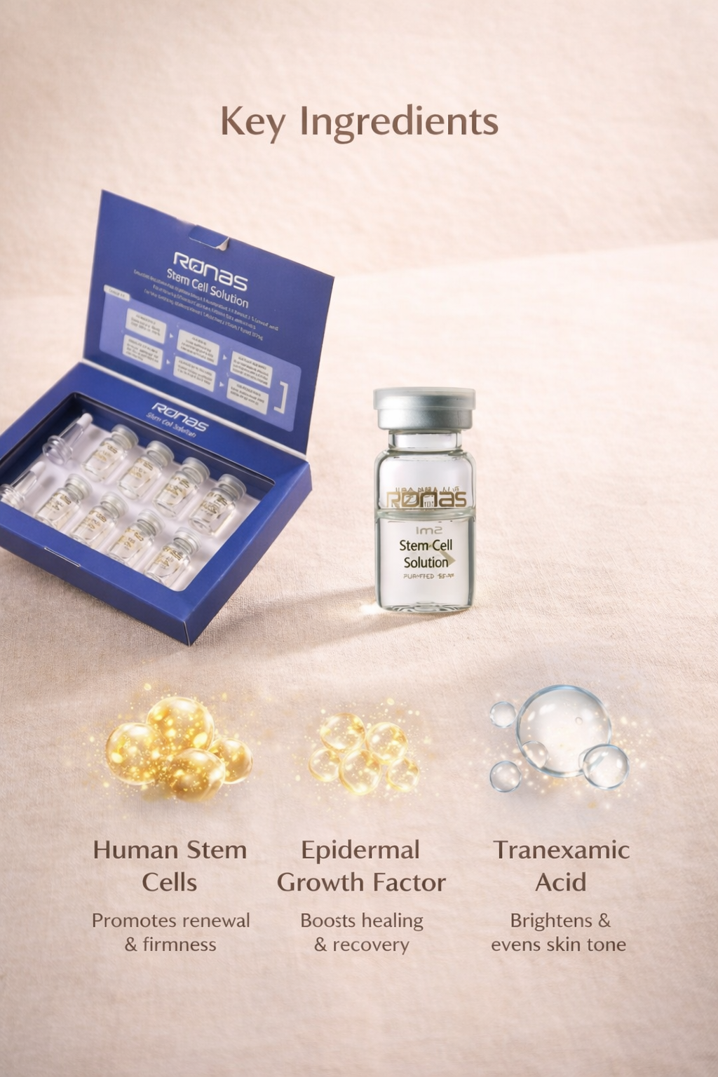 Ronas Stem Cell Solution packaging with key ingredients displayed on a beige background
