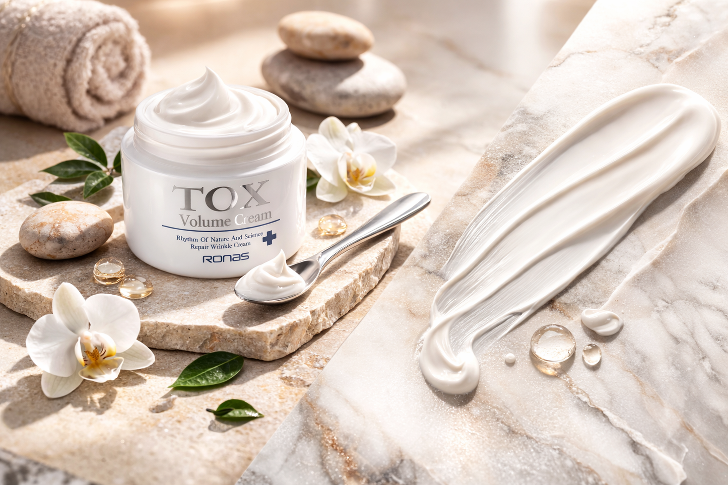 Ronas Tox Volume Cream with decorative elements on a marble surface.