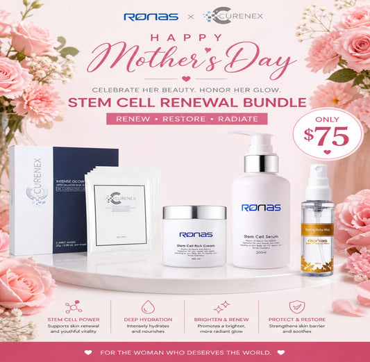 A Mother's Day "STEM Cell Renewal Bundle" skincare set featuring Ronas and Curenex products. The image displays a box of Curenex sheet masks, Ronas Stem Cell Rich Cream, Stem Cell Serum, and Resting Hydra Mist on a white pedestal, surrounded by pink roses. Text highlights a $75 price point and benefits including skin renewal, deep hydration, and brightening.